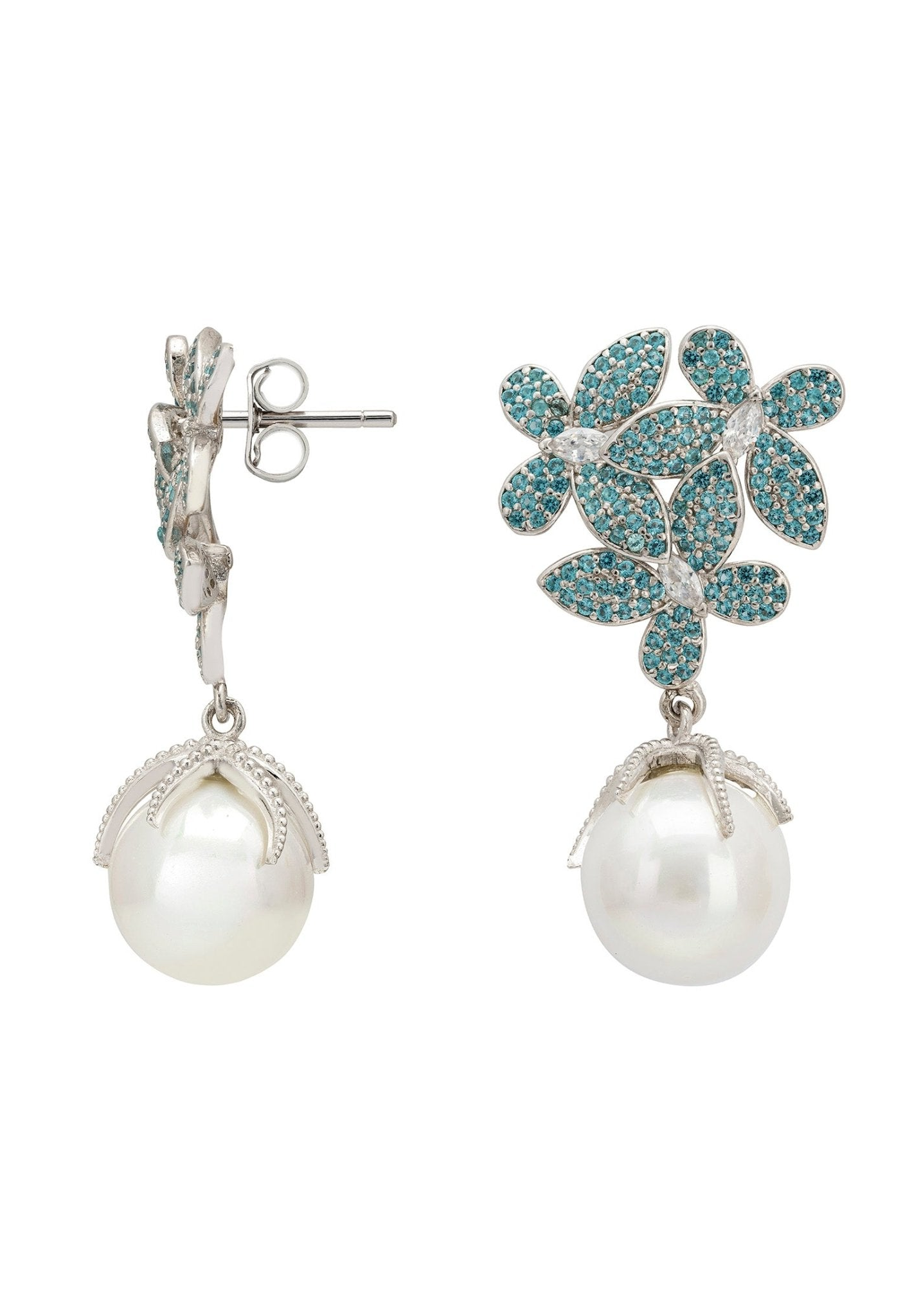 Aqua Green Flower Pearl Earrings