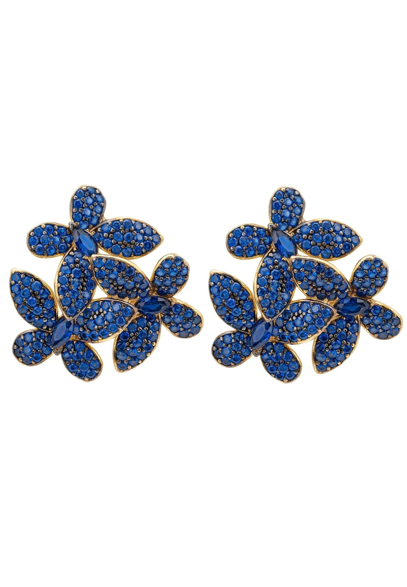 Flowers Large Stud Earrings Sapphire Blue Gold