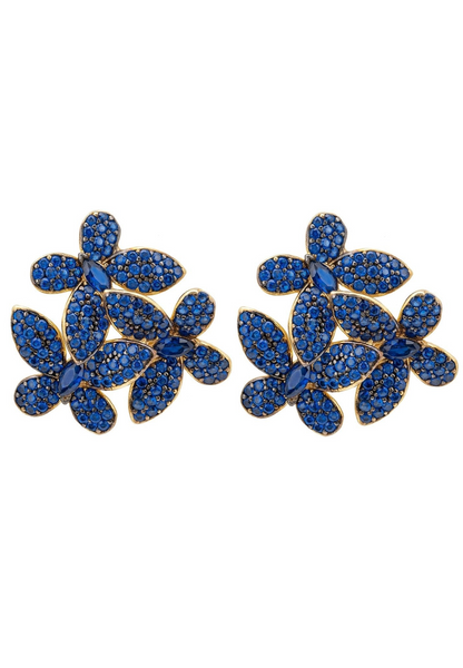 Flowers Large Stud Earrings Sapphire Blue Gold