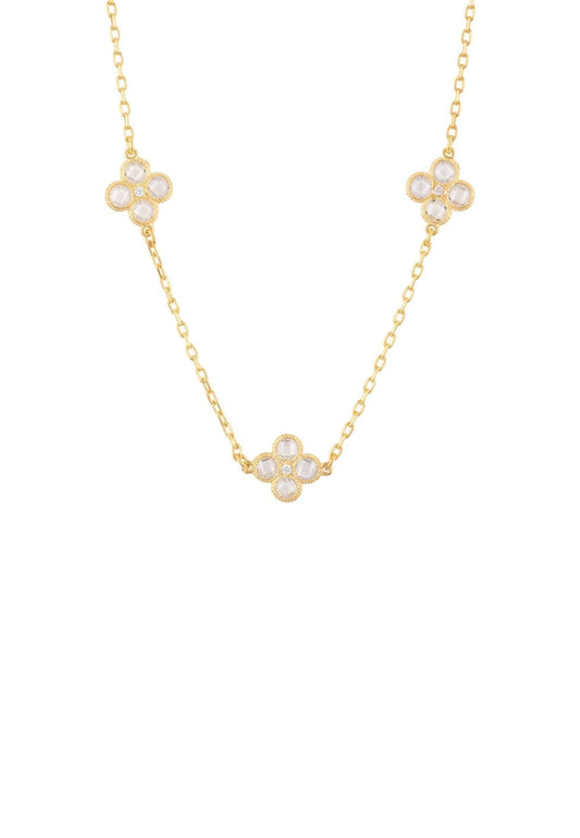 Flower Clover Triple Choker Necklace Gold with Cubic Zirconia
