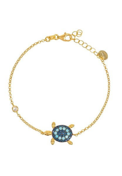 Gold turtle bracelet with turquoise and blue cubic zirconia