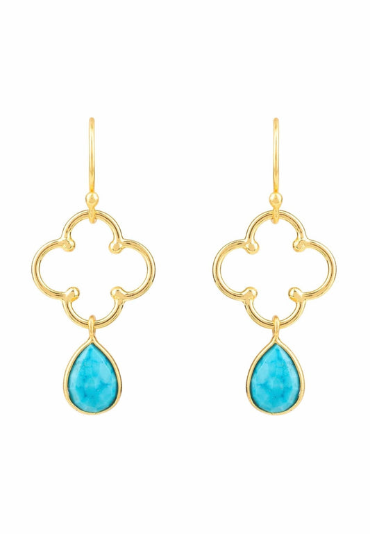 Gold Turquoise Drop Earrings - Elegant clover design with turquoise gemstones