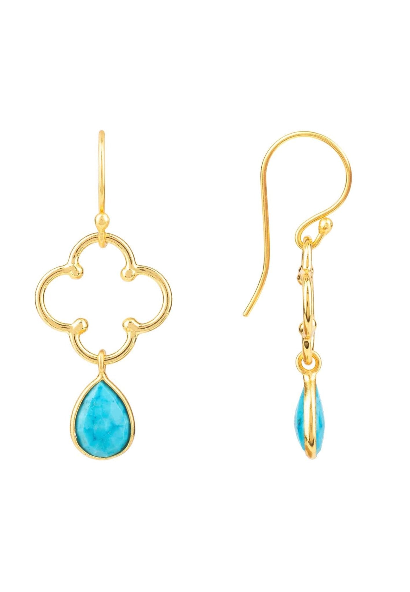 Gold Turquoise Drop Earrings - Elegant clover design with turquoise gemstones