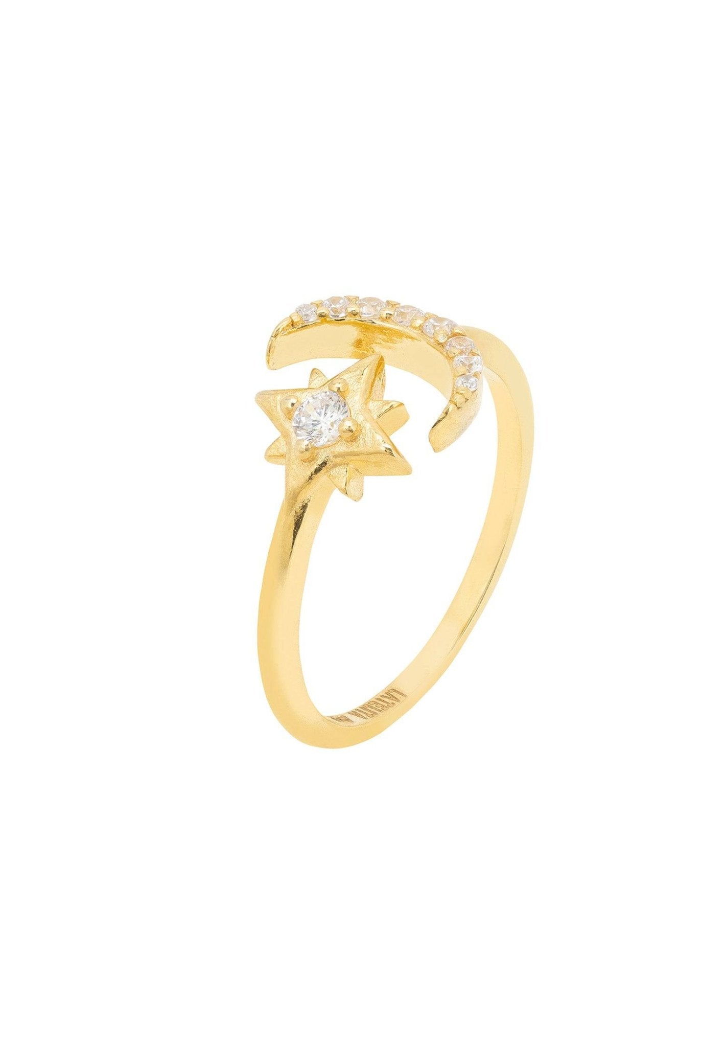 Gold Astrid Moon and Star Ring with Zircons