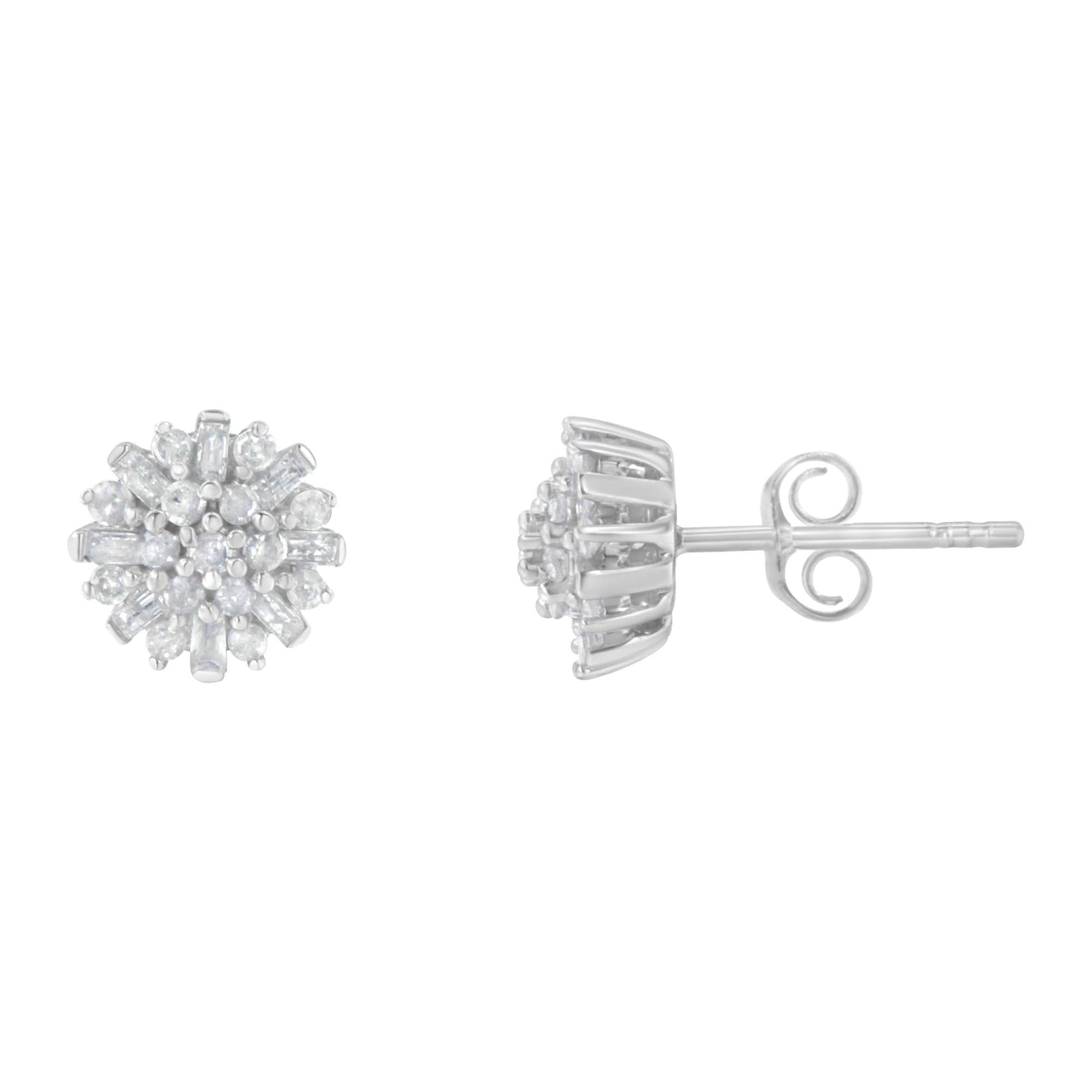 Round and Baguette Diamond Sunburst Floral Cluster Studs