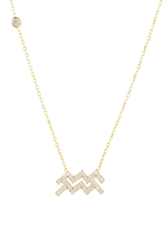 Gold Aquarius Pendant Necklace with white zircons