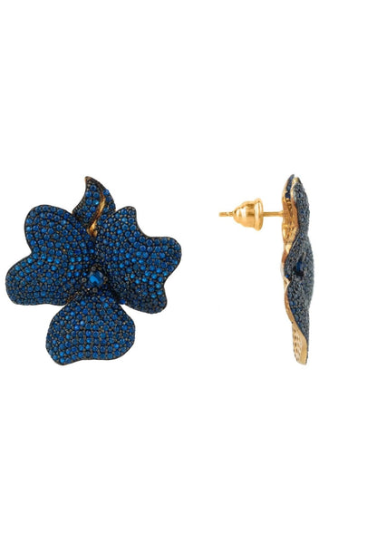 Flower Large Stud Earrings Gold Sapphire Blue