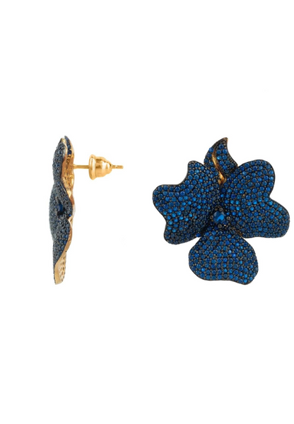 Flower Large Stud Earrings Gold Sapphire Blue