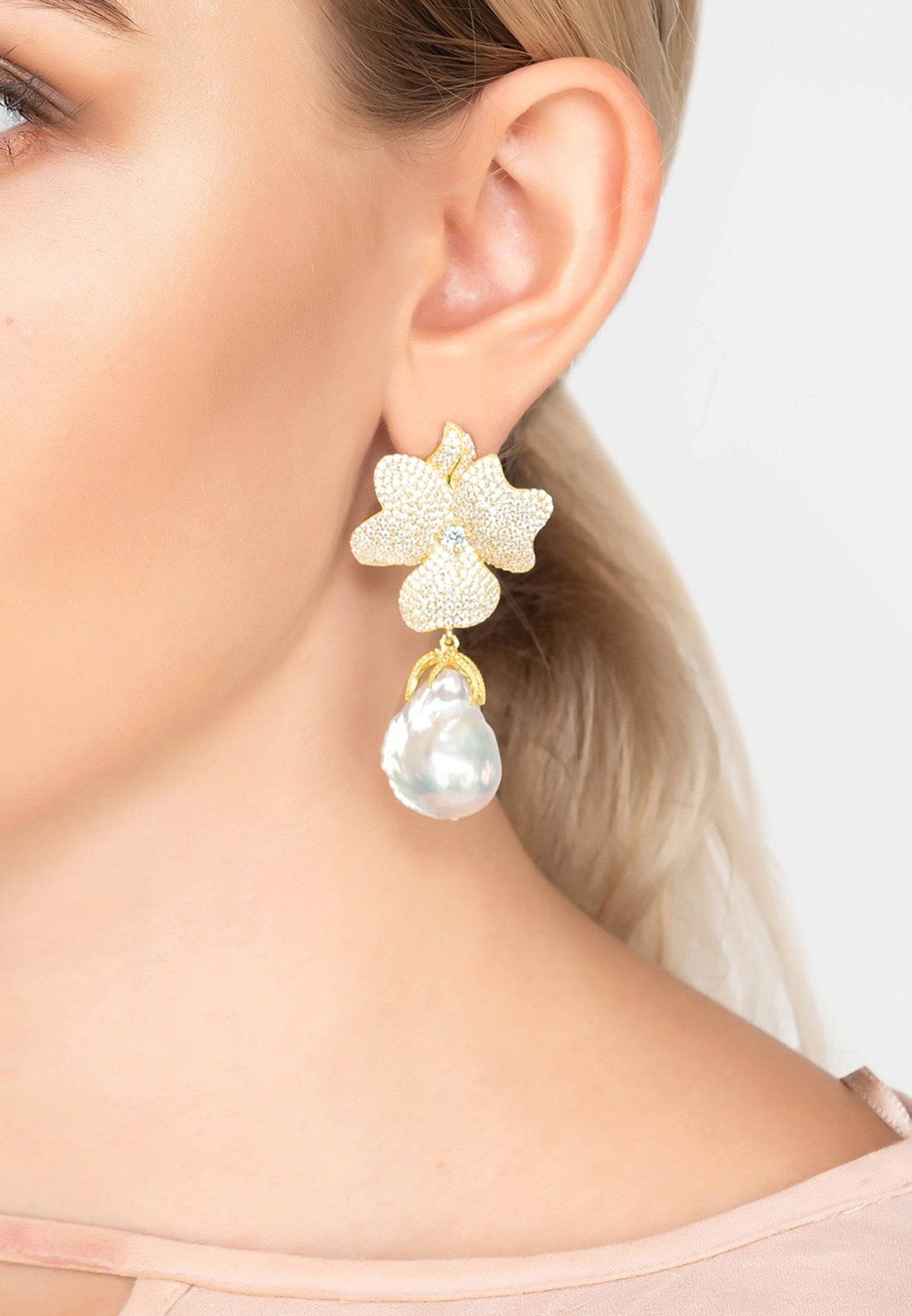 White Pearl & Gold Flower Earrings