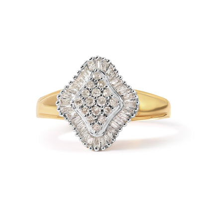 Round and Baguette-Cut Diamond Rhombus Head and Halo Ring