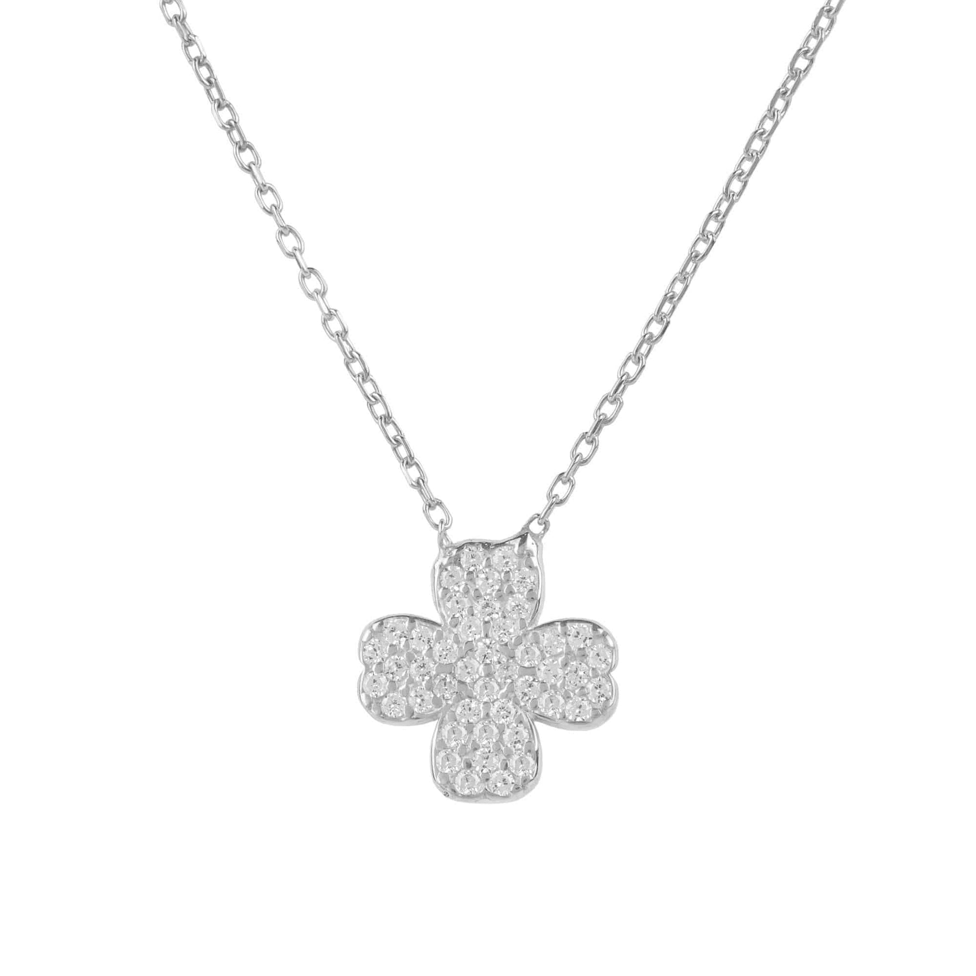 Four Leaf Clover Necklace in Sterling Silver with White Zirconia