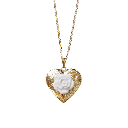 Heart Locket With Porcelain Rose Pendant Necklace