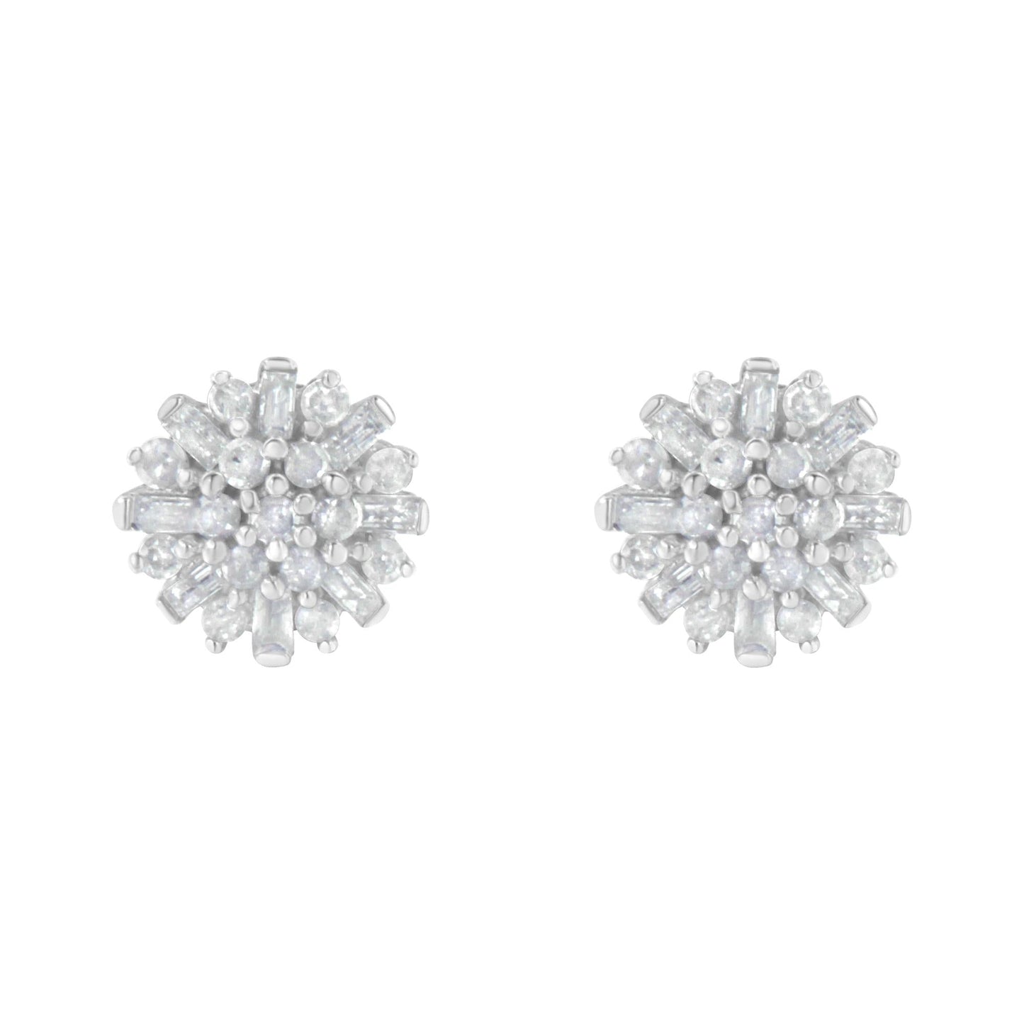 Round and Baguette Diamond Sunburst Floral Cluster Studs