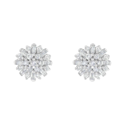 Round and Baguette Diamond Sunburst Floral Cluster Studs