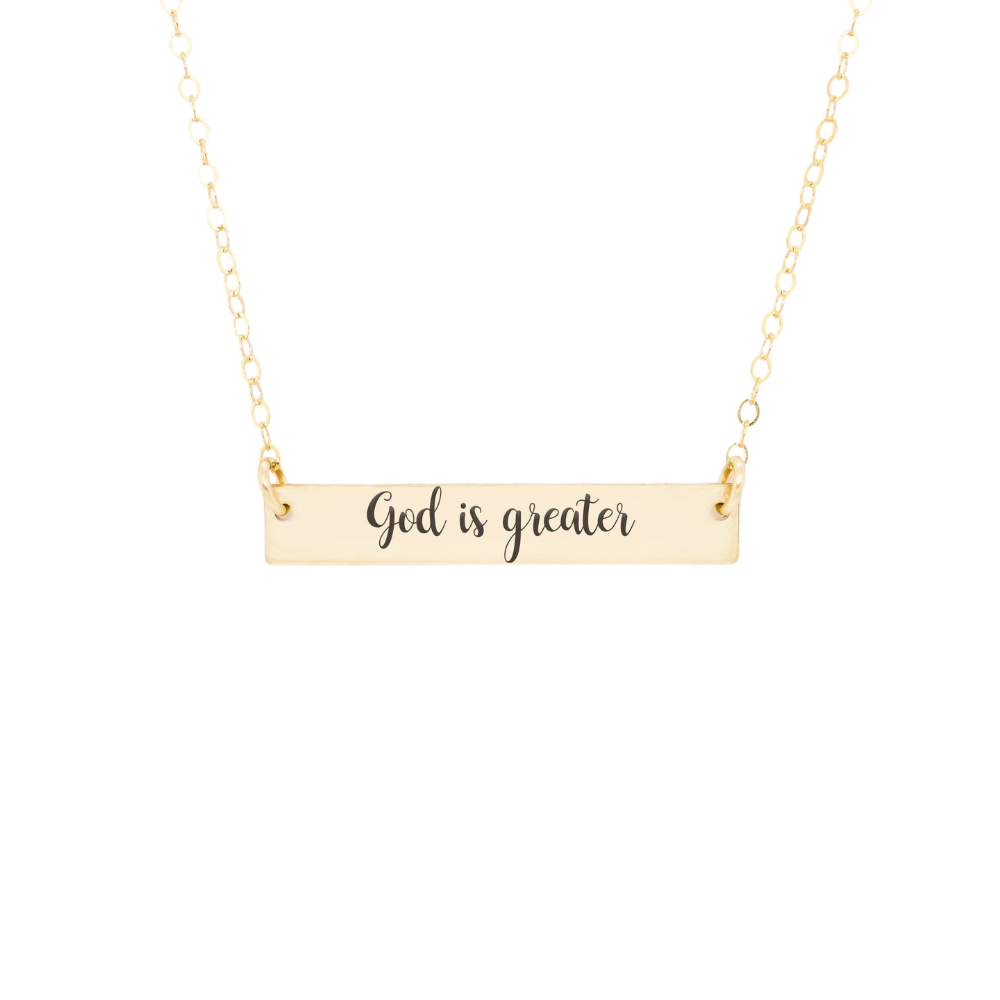 Gold Bar Necklace with God Is Greater Engraving
