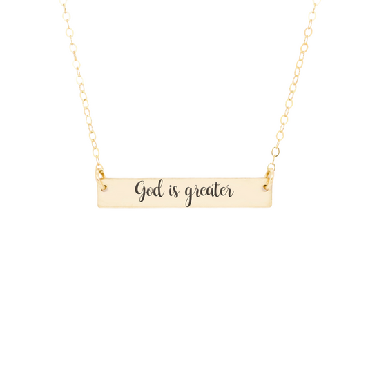 Gold Bar Necklace with God Is Greater Engraving
