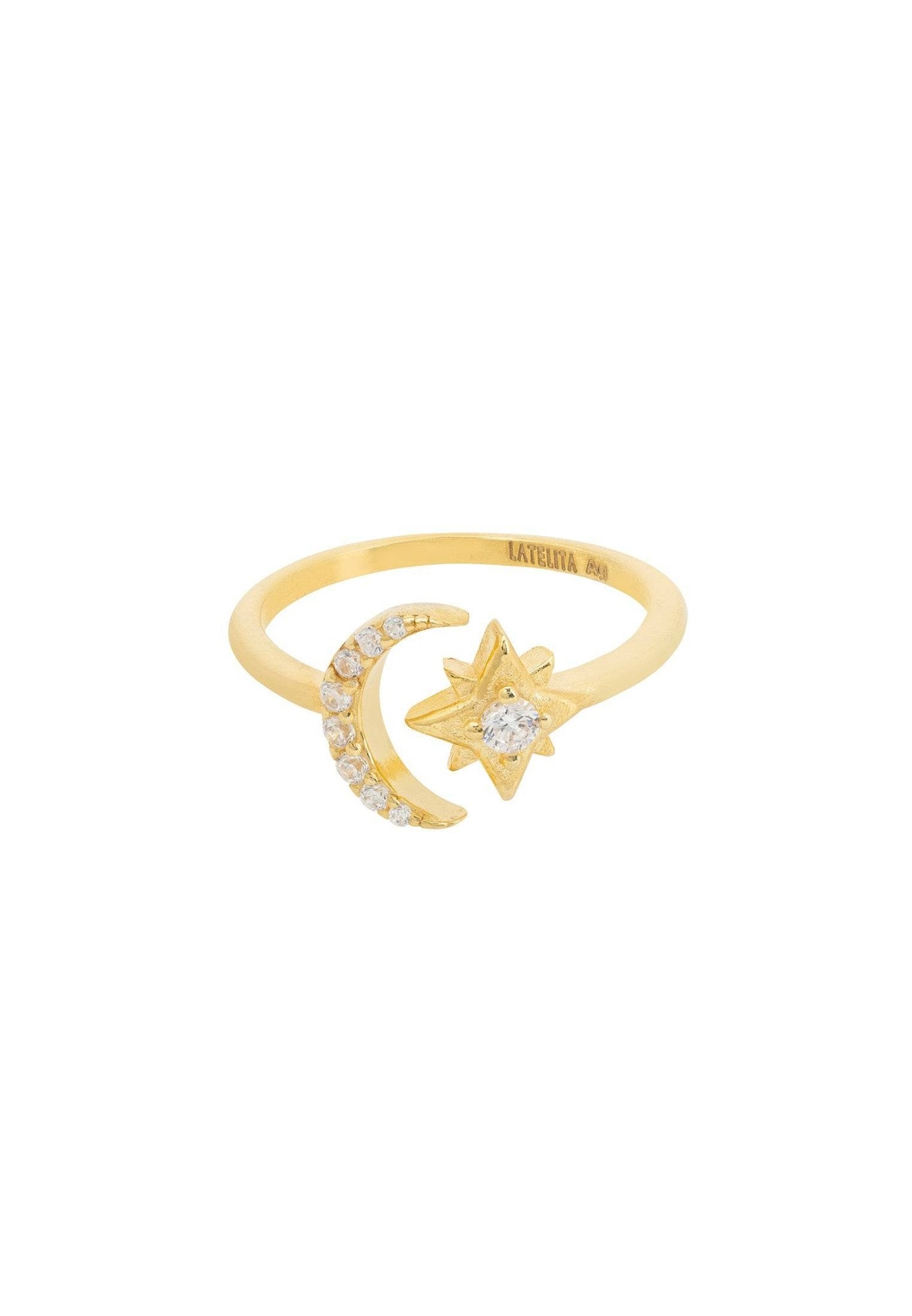 Gold Astrid Moon and Star Ring with Zircons