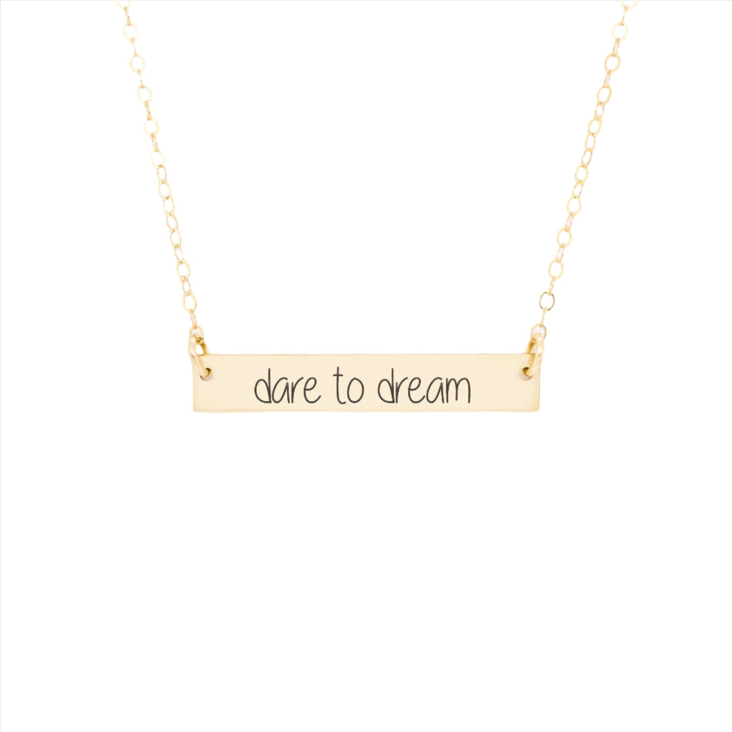 Gold Bar Necklace with "Dare to Dream" engraving
