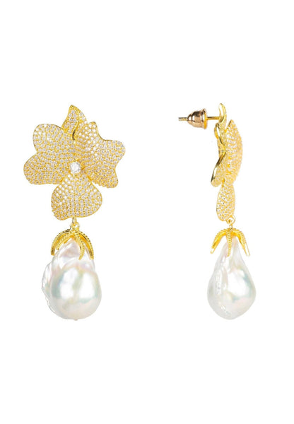 White Pearl & Gold Flower Earrings