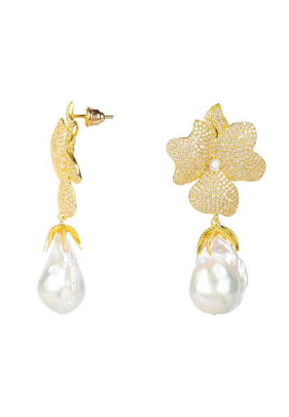 White Pearl & Gold Flower Earrings