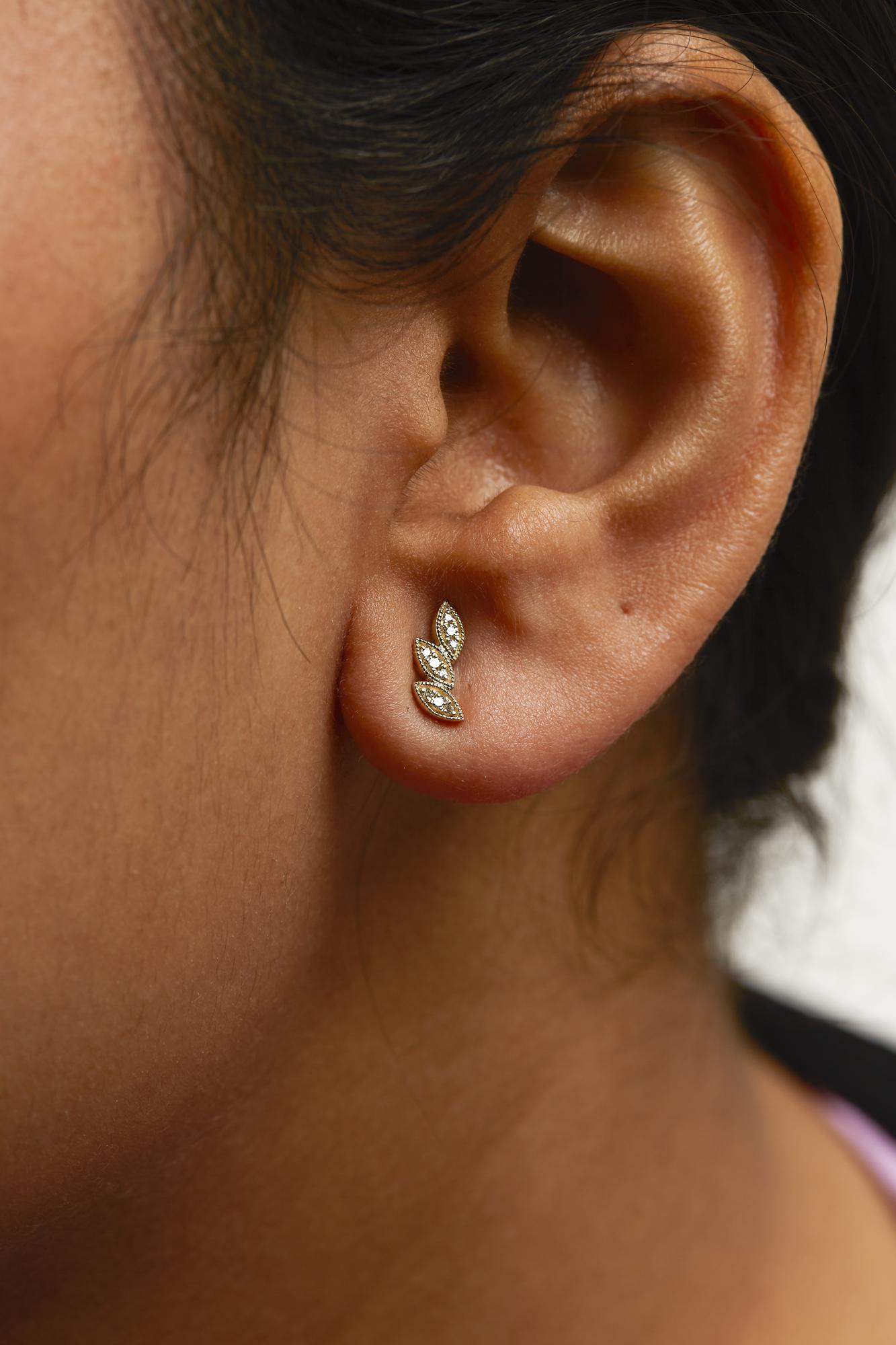 Diamond Triple Leaf Stud Earring