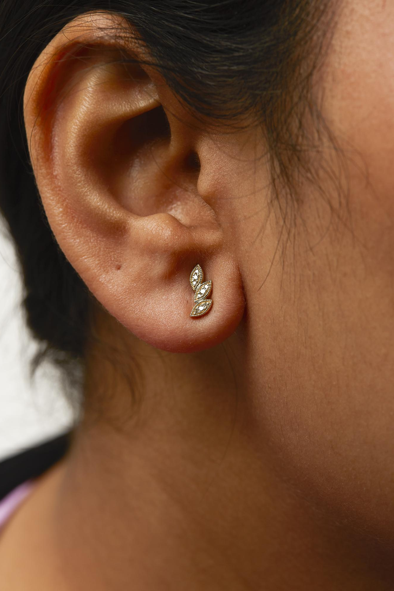 Diamond Triple Leaf Stud Earring