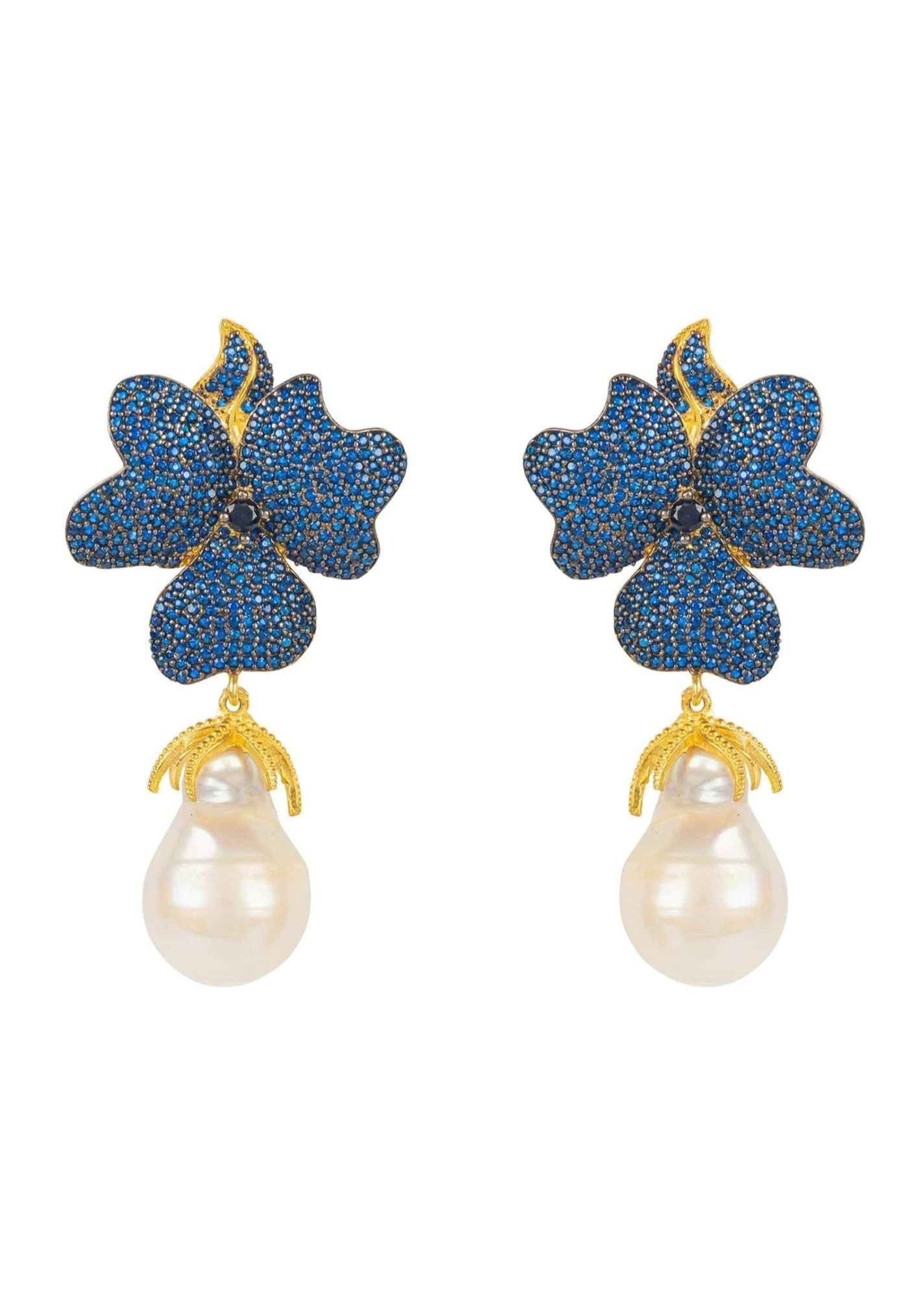 Baroque Pearl Sapphire Blue Flower Earrings Gold