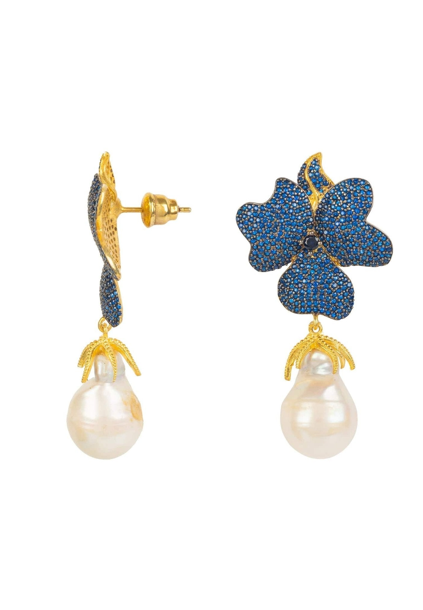 Baroque Pearl Sapphire Blue Flower Earrings Gold