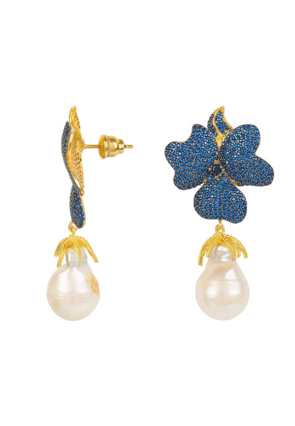 Baroque Pearl Sapphire Blue Flower Earrings Gold