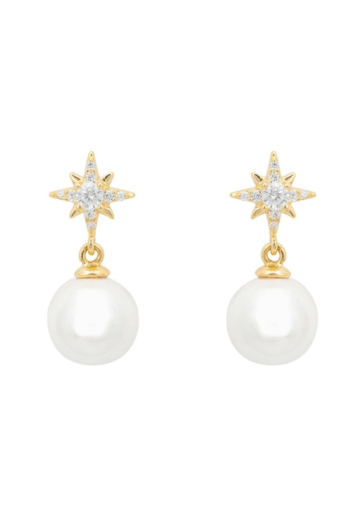 Gold Pearl Earrings with Starburst Design