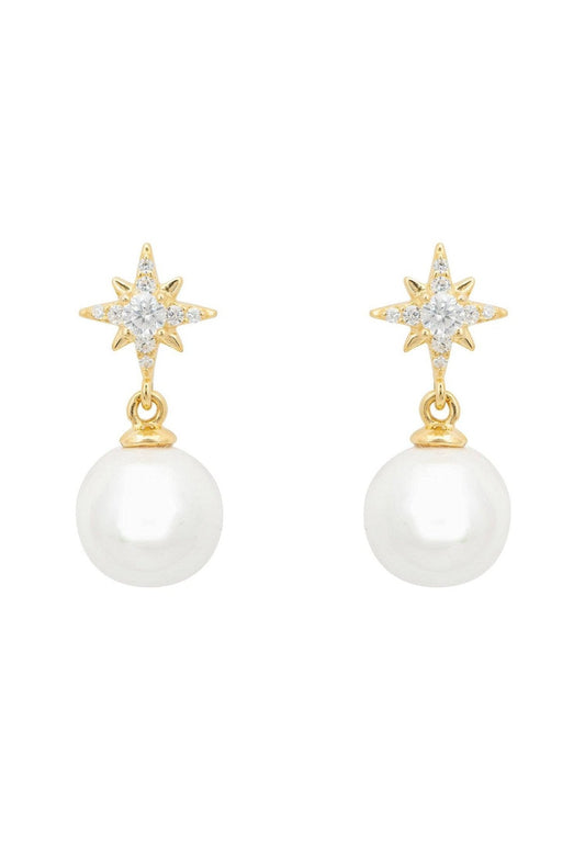 Gold Pearl Earrings with Starburst Design