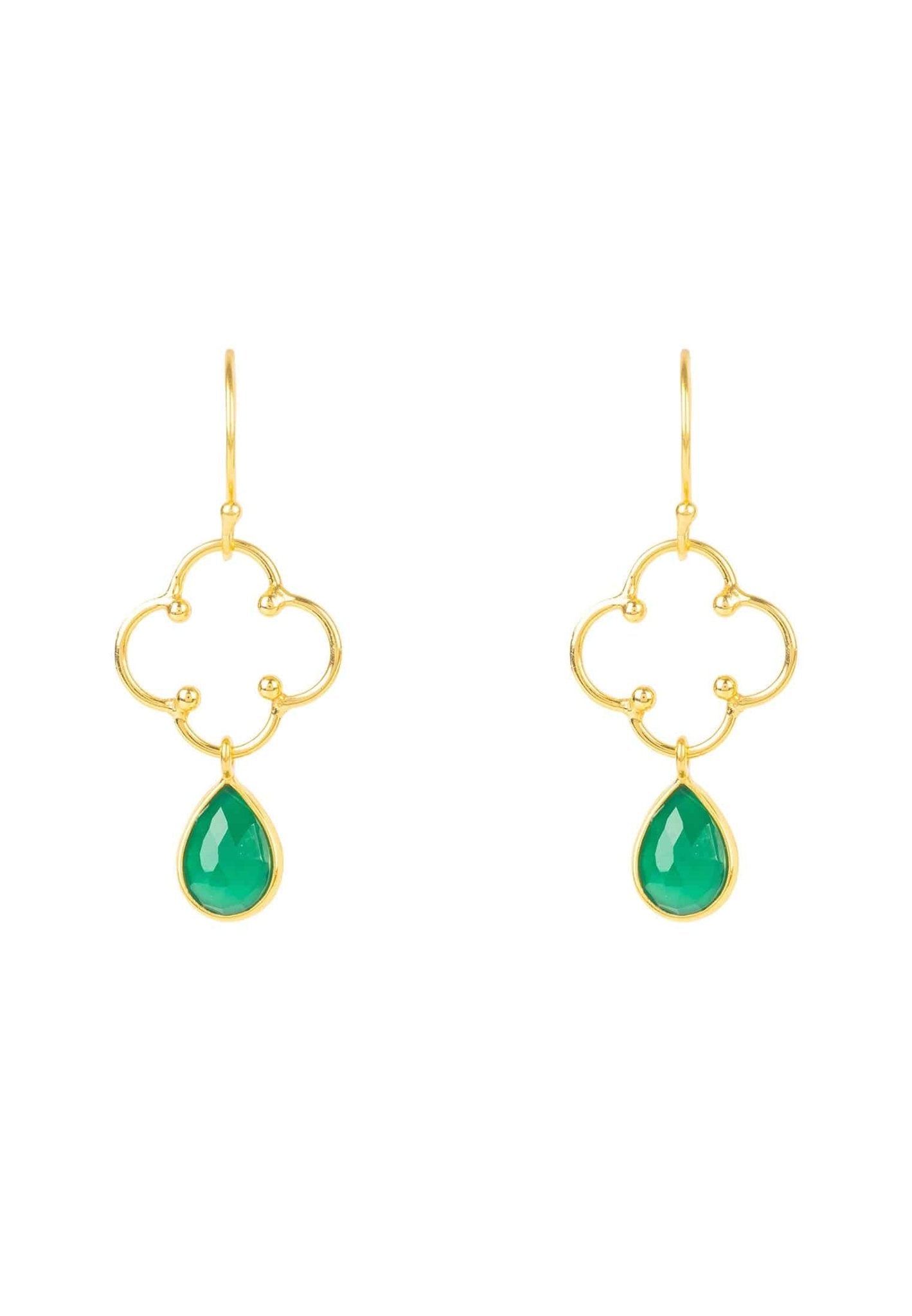 Green Onyx Gemstone Drop Earrings with Clover Design