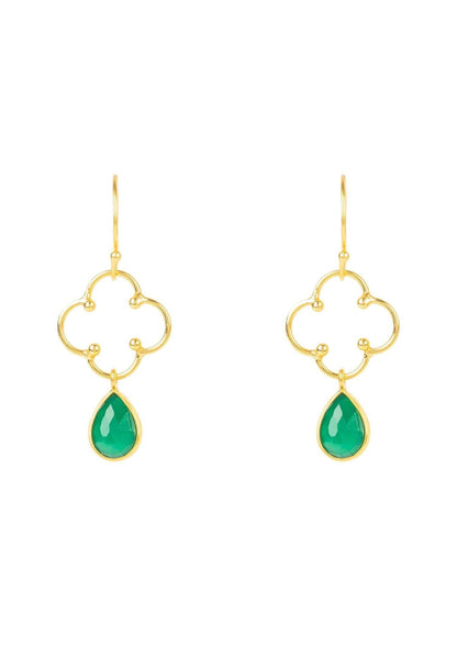 Green Onyx Gemstone Drop Earrings with Clover Design