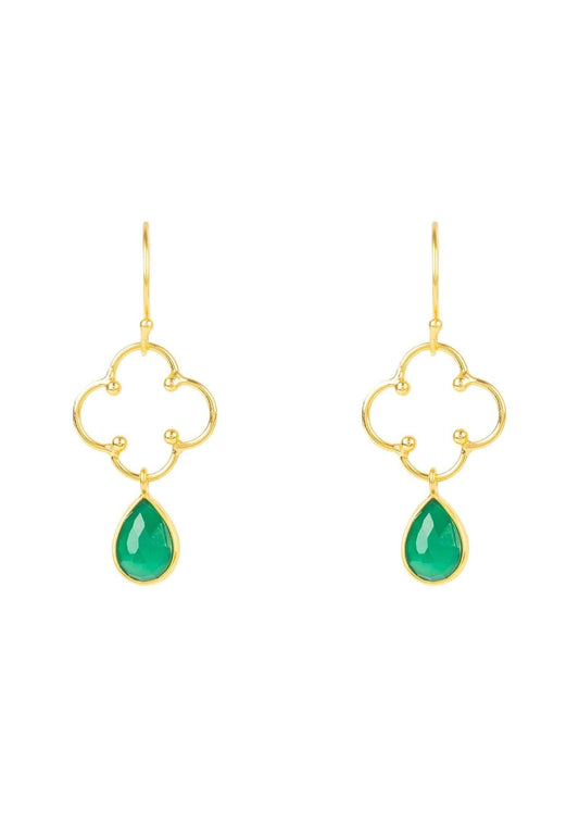 Green Onyx Gemstone Drop Earrings with Clover Design