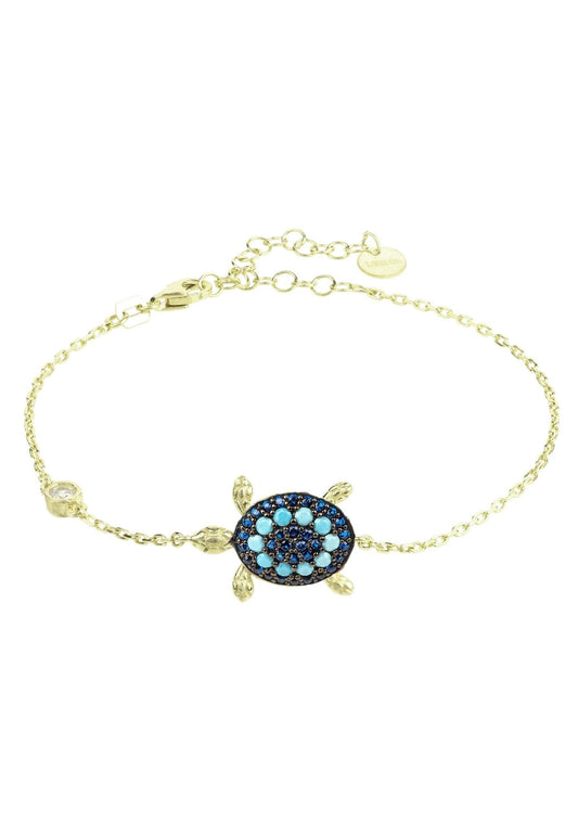 Gold turtle bracelet with turquoise and blue cubic zirconia