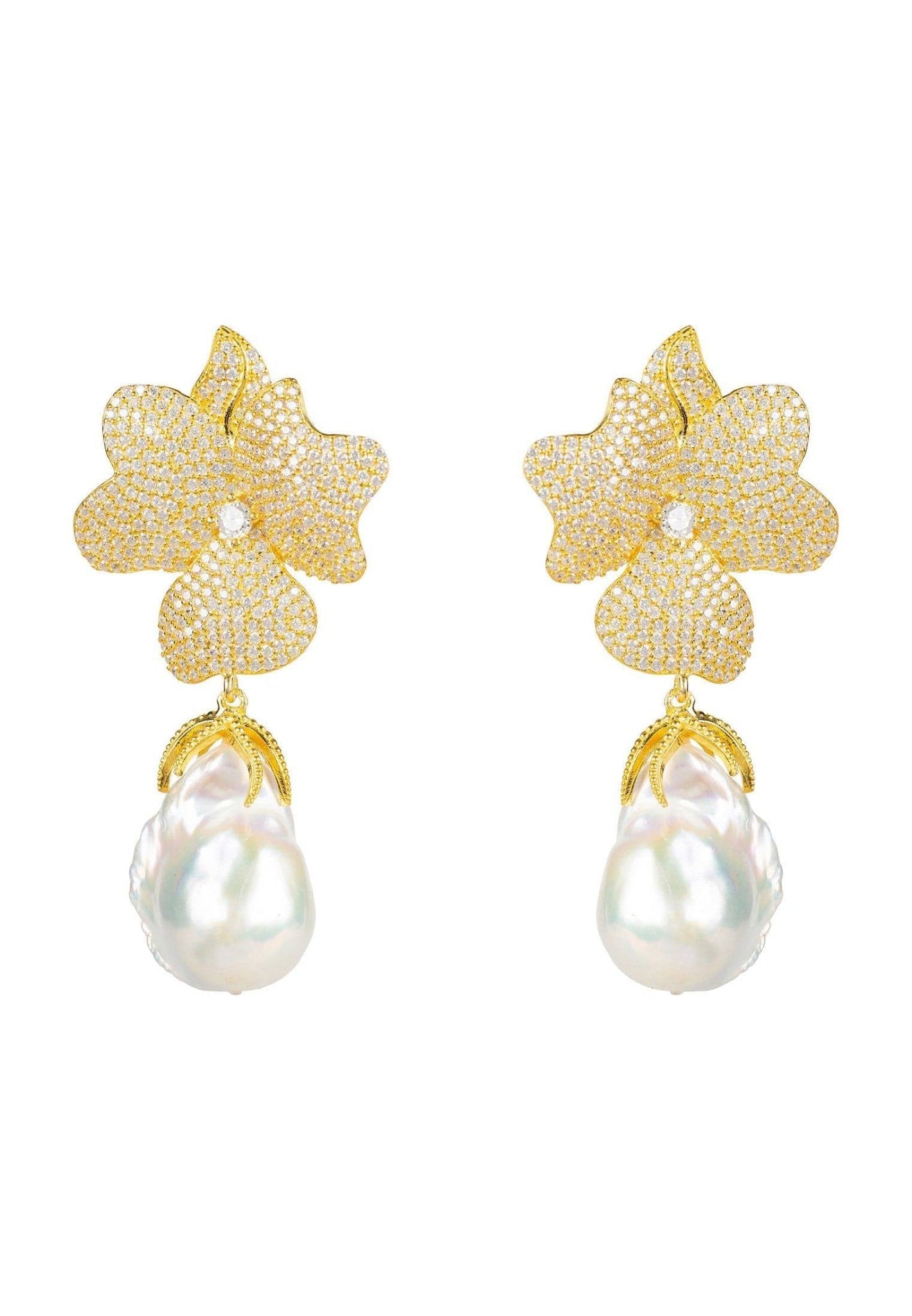 White Pearl & Gold Flower Earrings