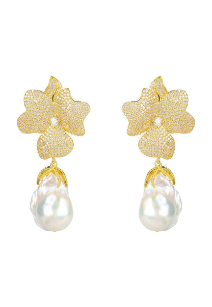 White Pearl & Gold Flower Earrings