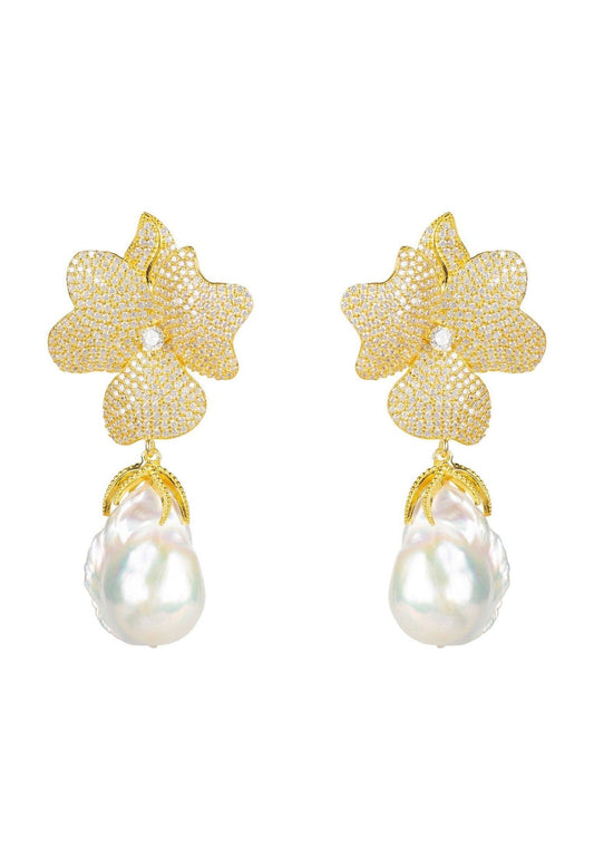 White Pearl & Gold Flower Earrings