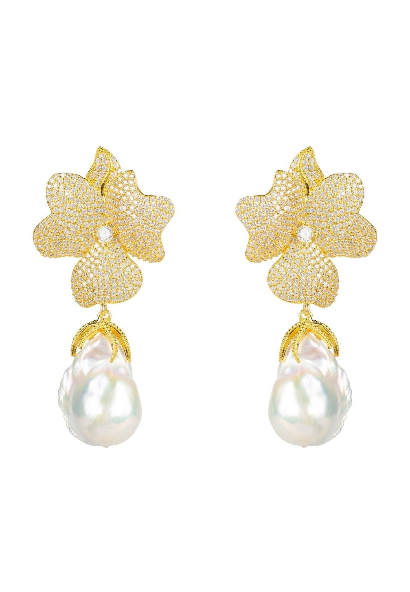 White Pearl & Gold Flower Earrings