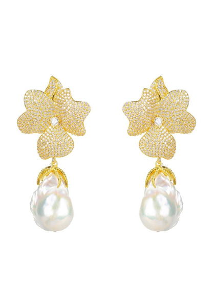 White Pearl & Gold Flower Earrings