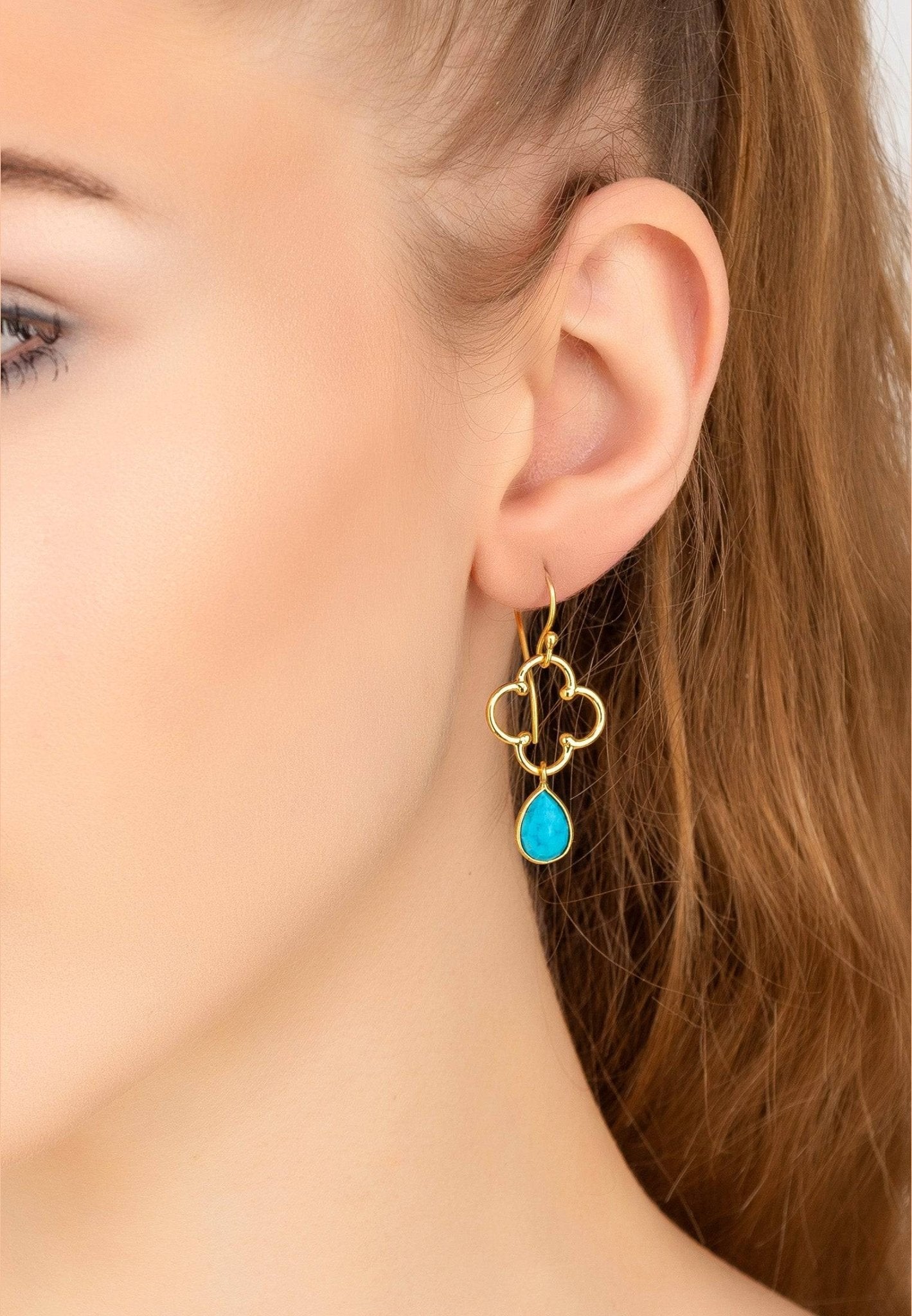 Statement Drop Earrings - Gold and turquoise clover earrings 