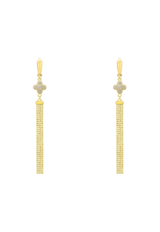 Gold tassel earrings with cubic zirconia clover