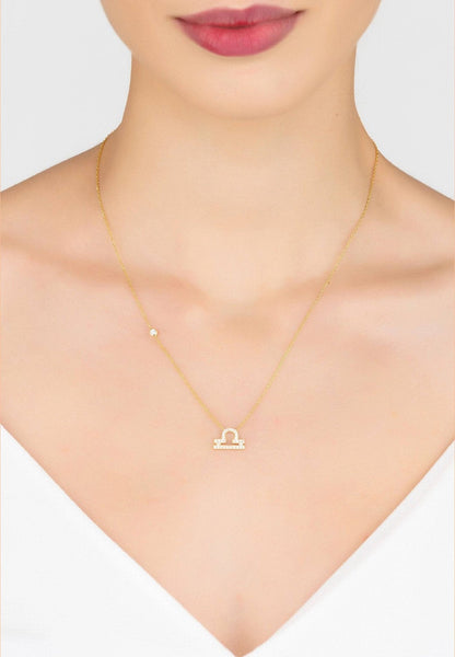 Gold Libra Pendant Necklace with white zircons