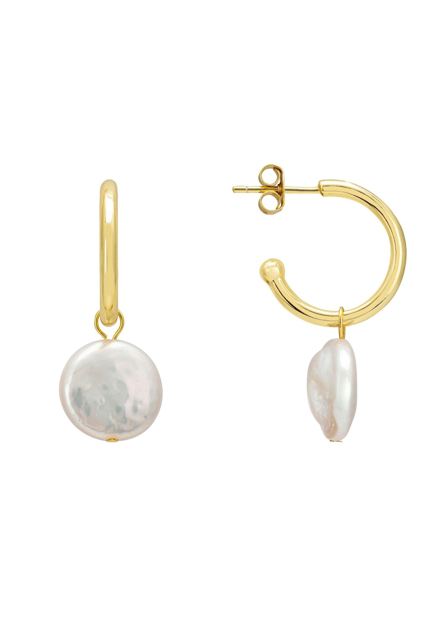 Gold hoop earrings with dangling coin pearl
