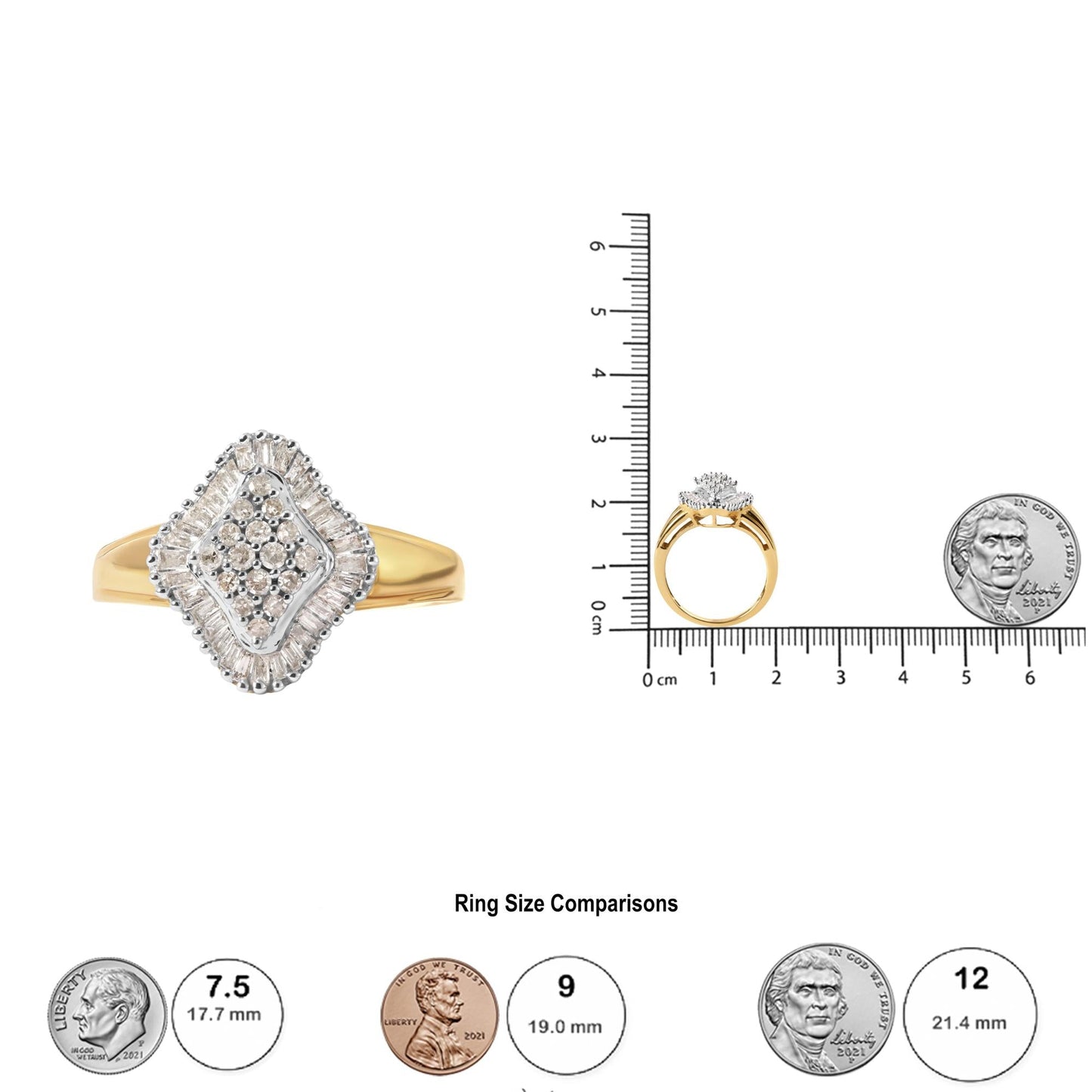 Round and Baguette-Cut Diamond Rhombus Head and Halo Ring