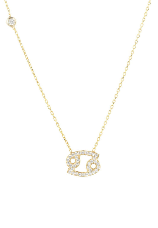 Gold Cancer Zodiac Necklace with white zircons