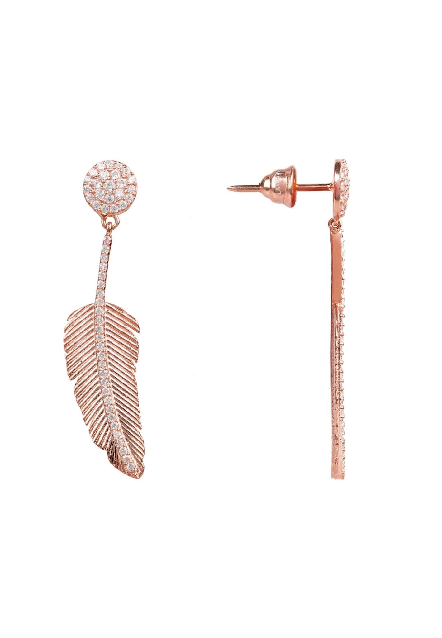 Rose Gold Feather Drop Earrings with Cubic Zirconia