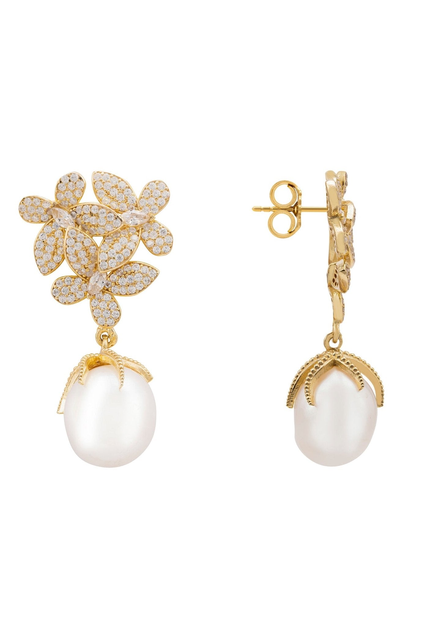 Flowers Pearl Earrings Gold White