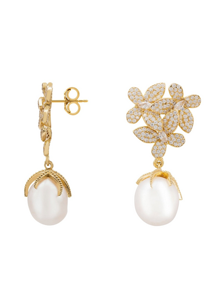 Flowers Pearl Earrings Gold White