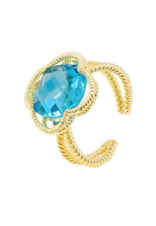 Blue Topaz Gemstone Ring in 22k Gold Clover Design